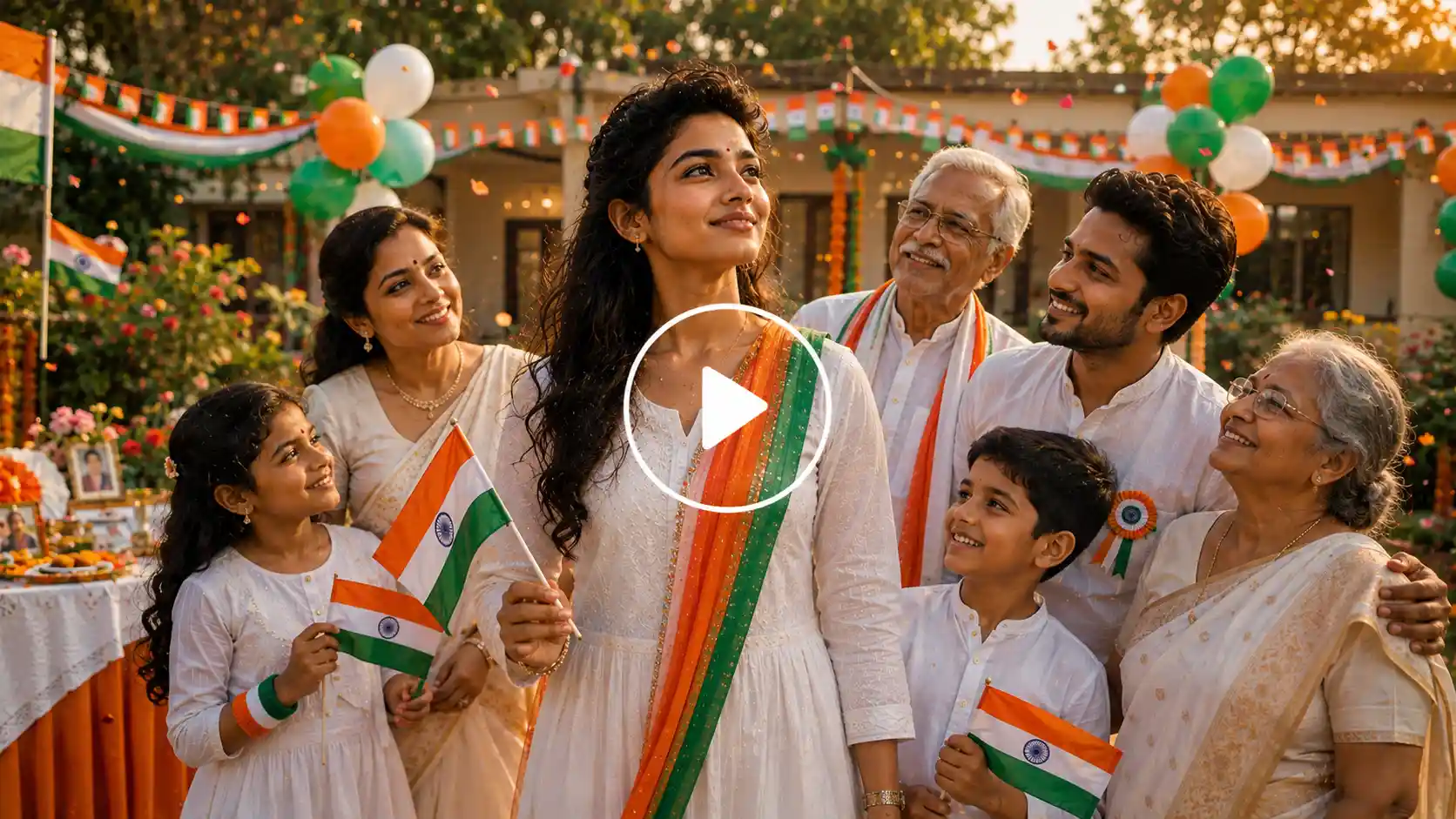 Video Screenshot of a family celebrating Independence Day together with Indian flags.
