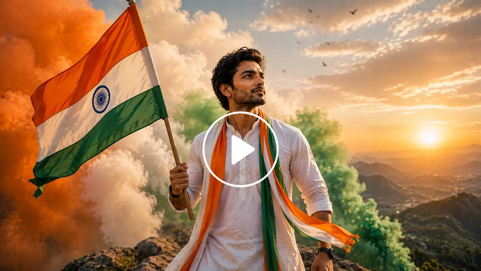 Video Screenshot of a person standing proudly with the Indian flag and tricolor smoke effects.