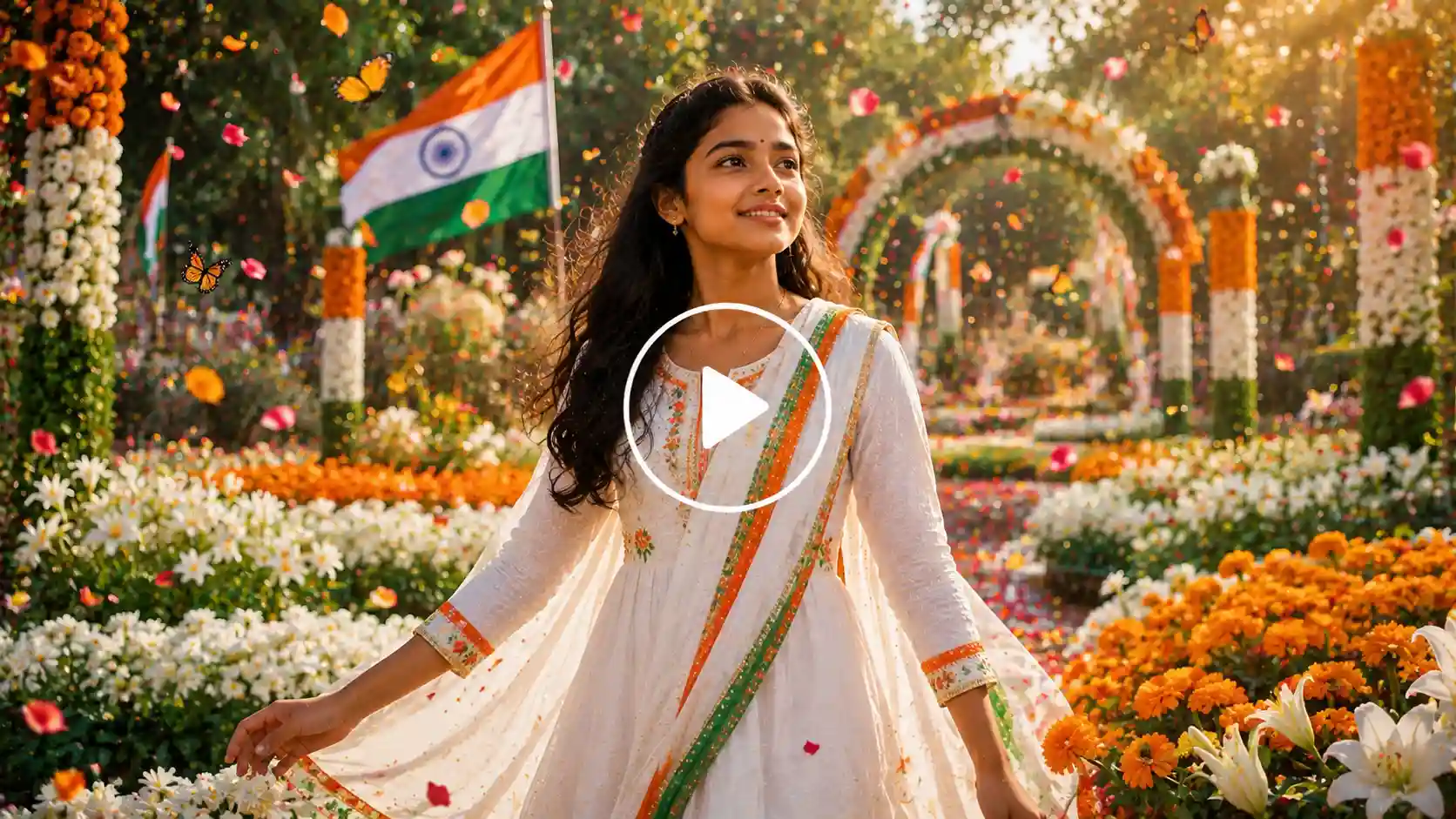 Video Screenshot of a person walking through a patriotic flower garden with Indian flag colors.