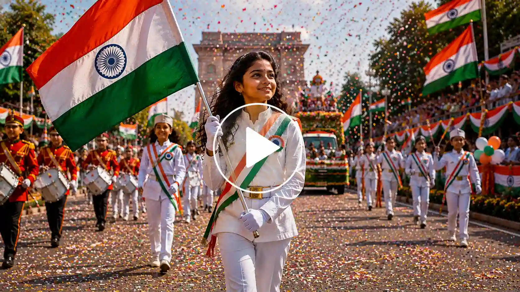 Video Screenshot of a girl leading an Independence Day parade with the national flag.