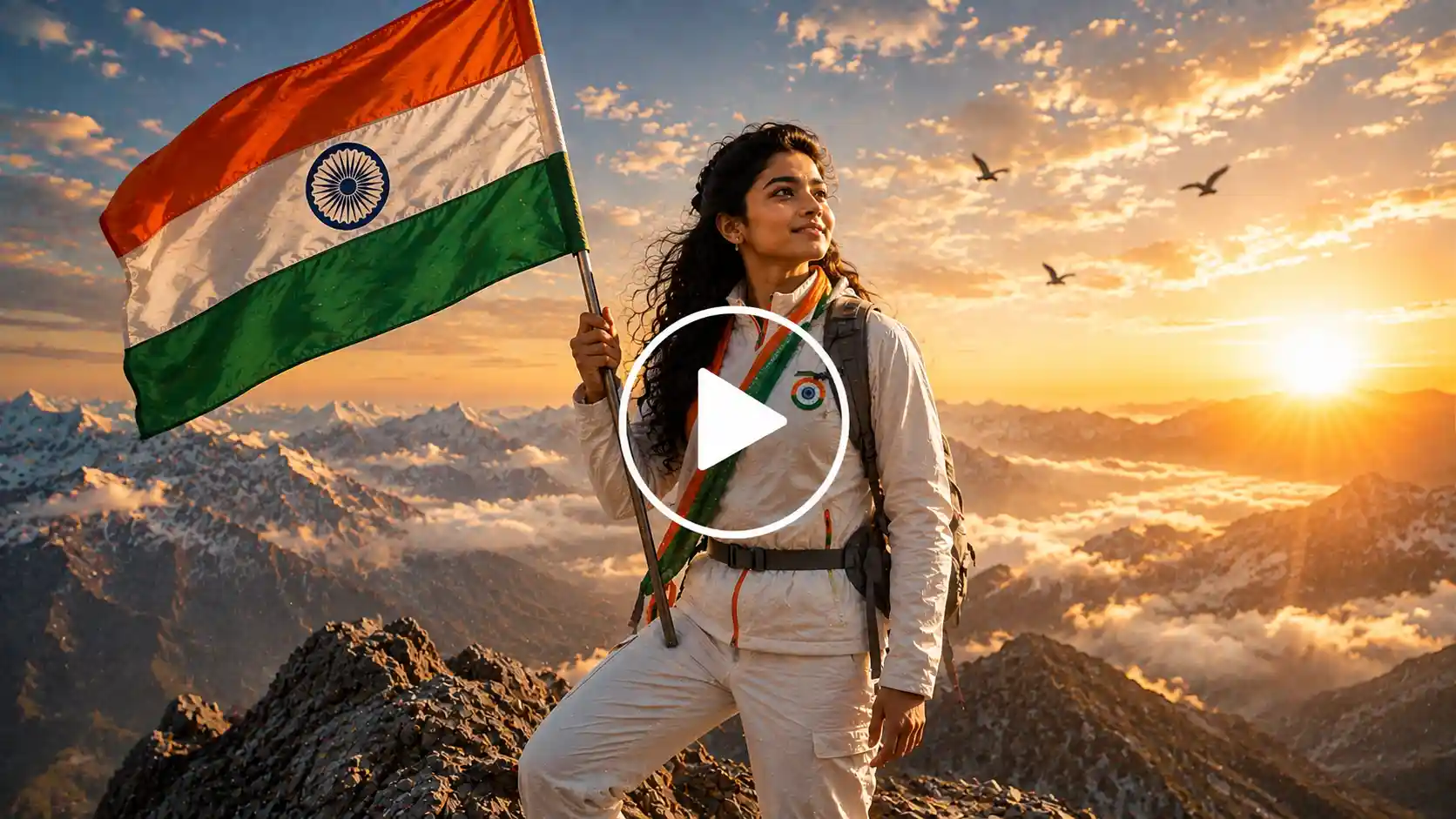Video Screenshot of a person waving the Indian flag on a mountain at sunrise.