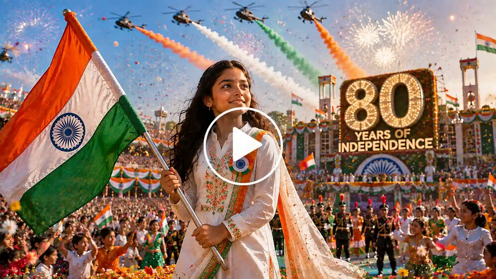 Video Screenshot of a girl celebrating India's 80th Independence Day with a large crowd.