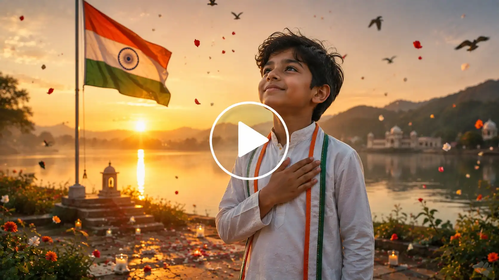 Video Screenshot of a small boy reflecting peacefully beside the Indian flag at sunrise.