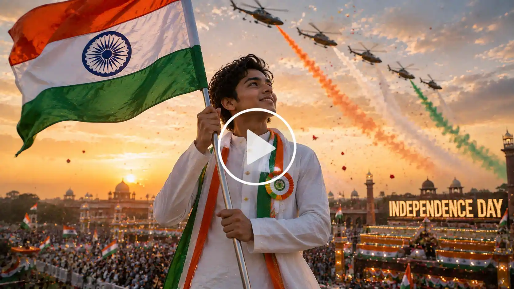 Video Screenshot of a person standing at the center of a grand Independence Day celebration.