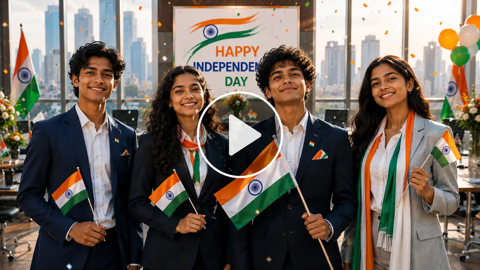 Video Screenshot of Business Professionals Sharing Independence Day wishes in an office setting.