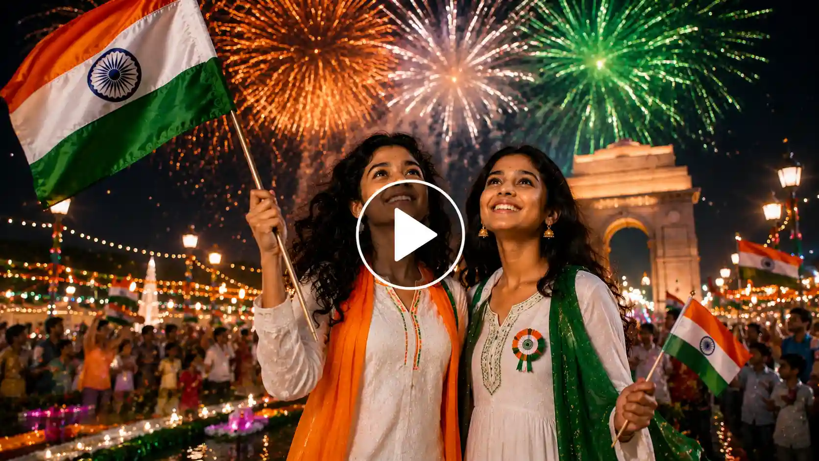 Video Screenshot of the duo of two girls celebrating Independence Day under colorful fireworks.