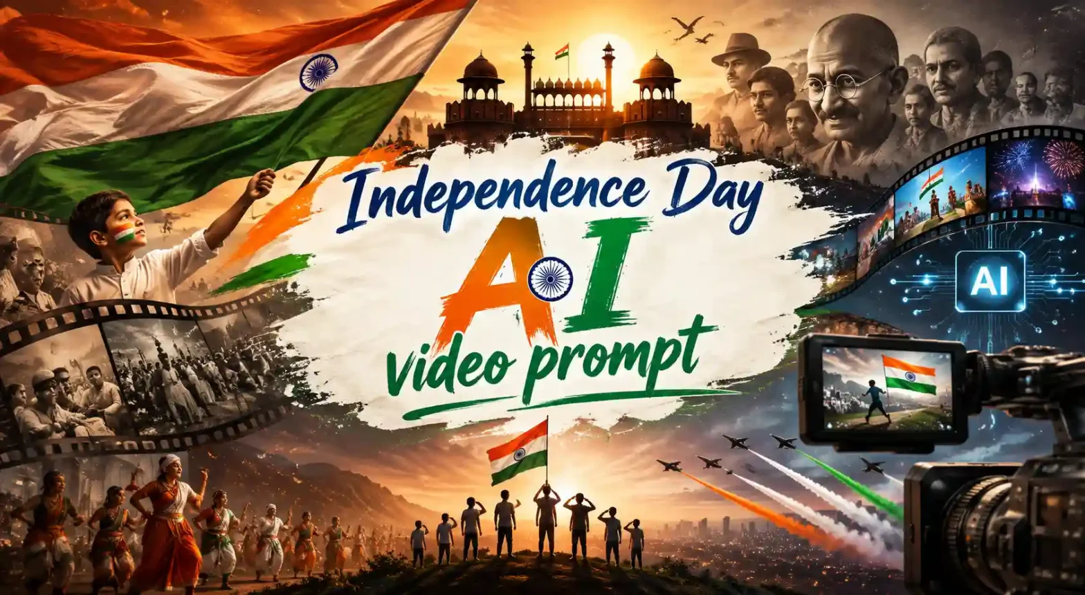 Independence Day AI video prompt banner with the Indian flag, freedom fighters, Red Fort, patriotic celebrations, and cinematic AI visuals.