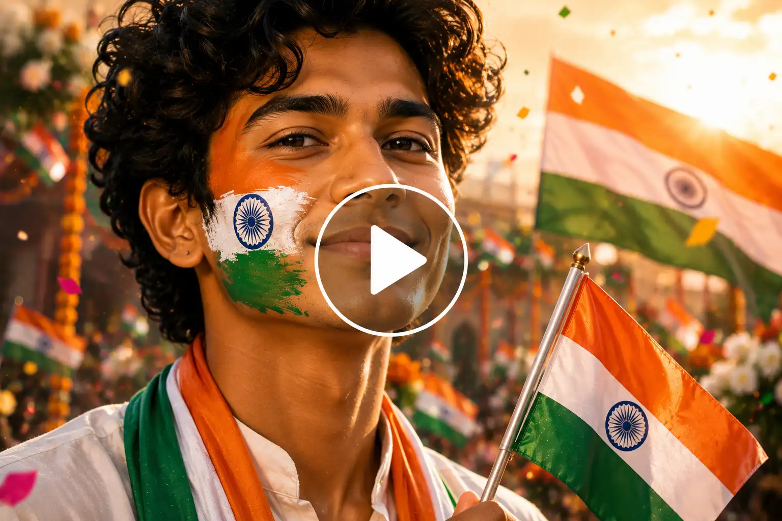 Video Screenshot of a man hosting a flag with tricolour face paint showing devotion towards the country.