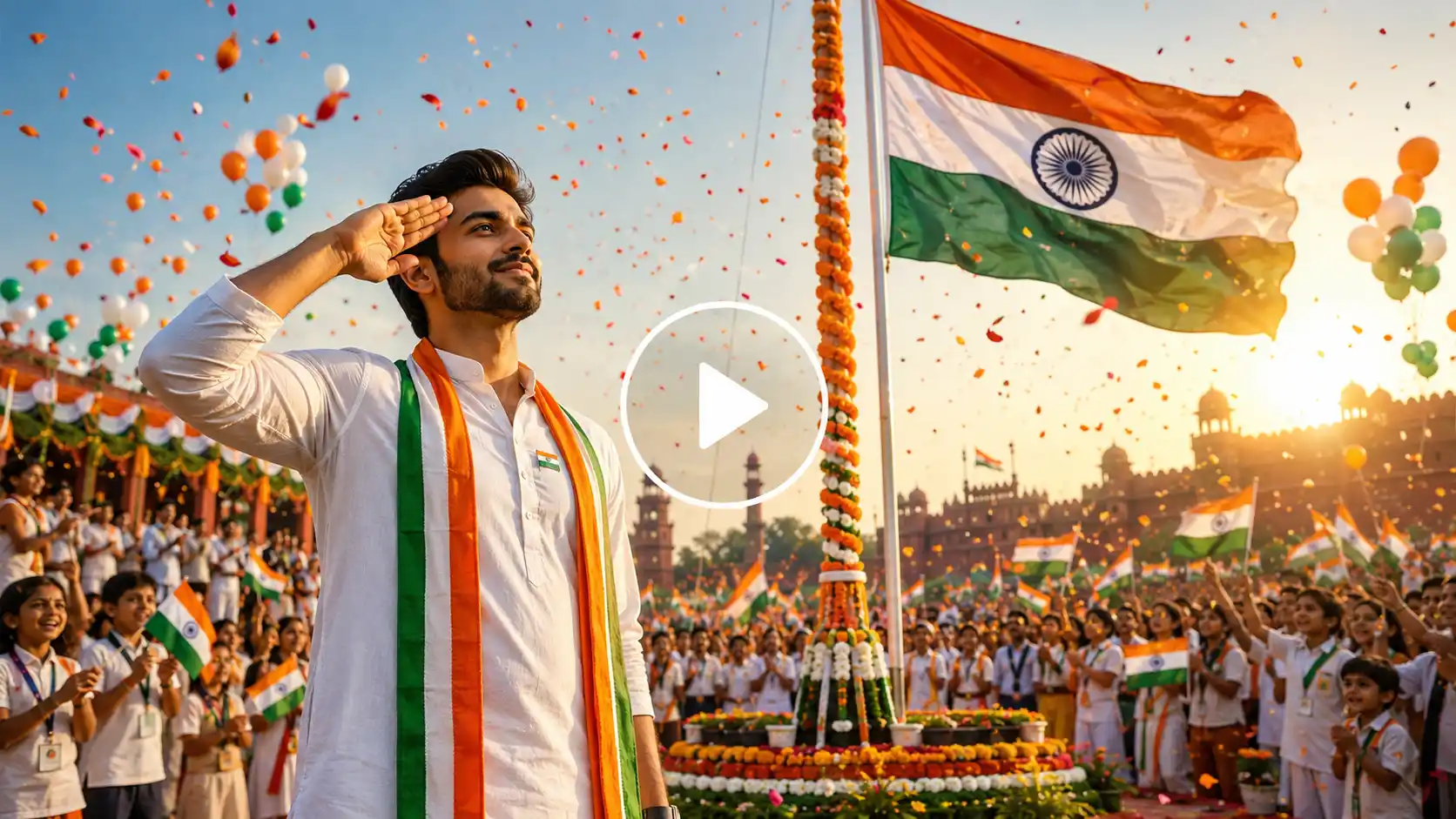 Person saluting the Indian flag during an Independence Day celebration.