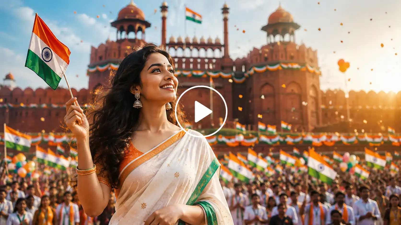 Video Screenshot of a girl is celebrating Independence Day at the Red Fort with the Indian flag.