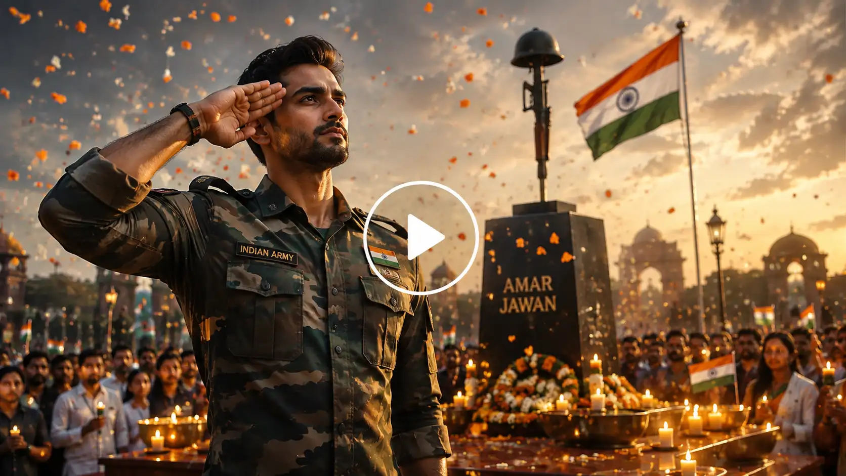 Video Screenshot of a Man paying tribute to Indian soldiers at a war memorial.