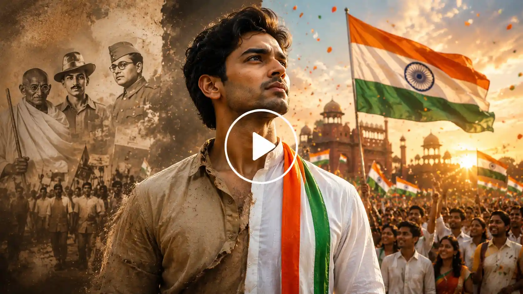 Video Screenshot of a person transformed into a freedom fighter during India's independence movement.