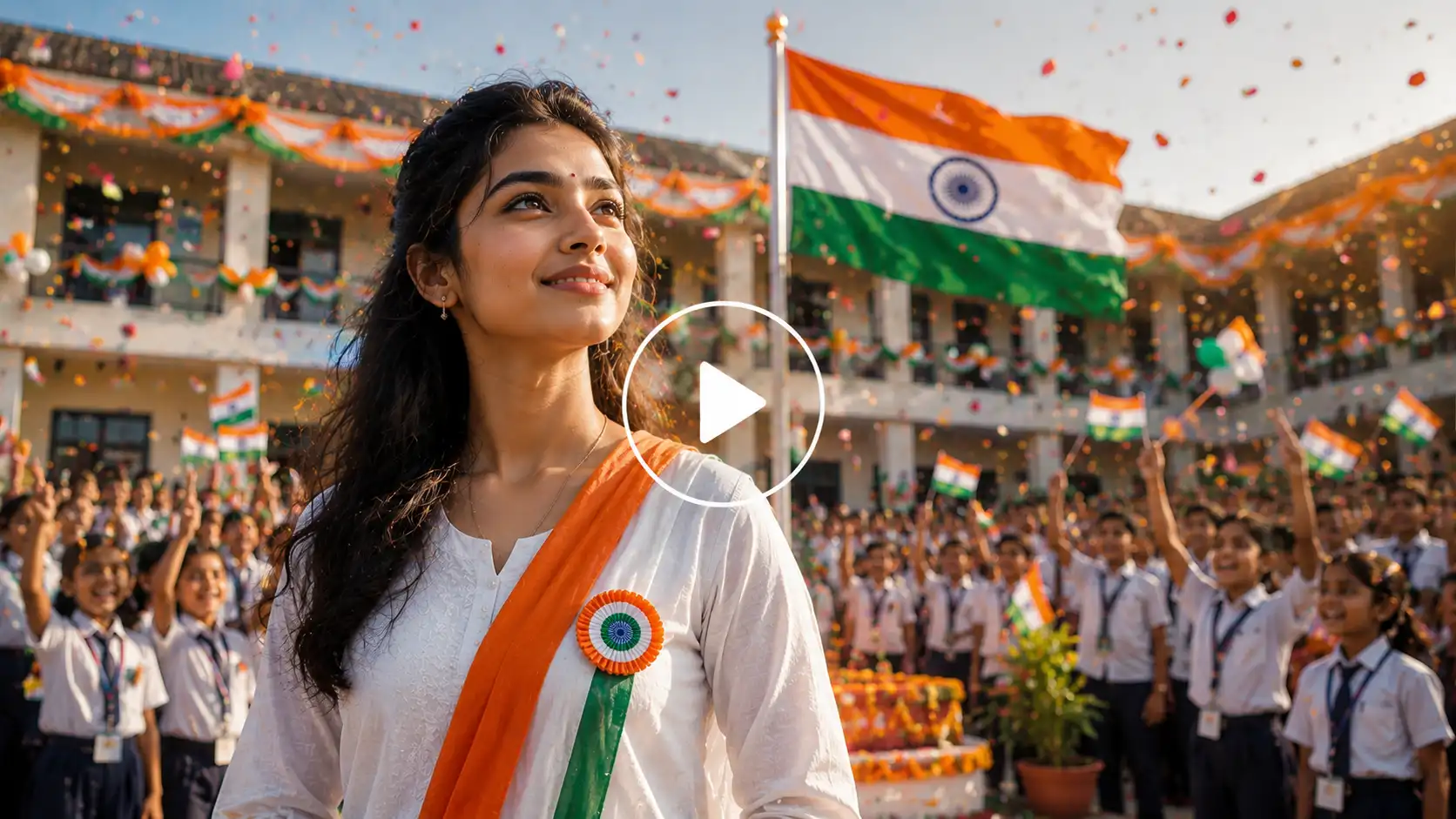 Video Screenshot of a woman attending a school Independence Day celebration with students.