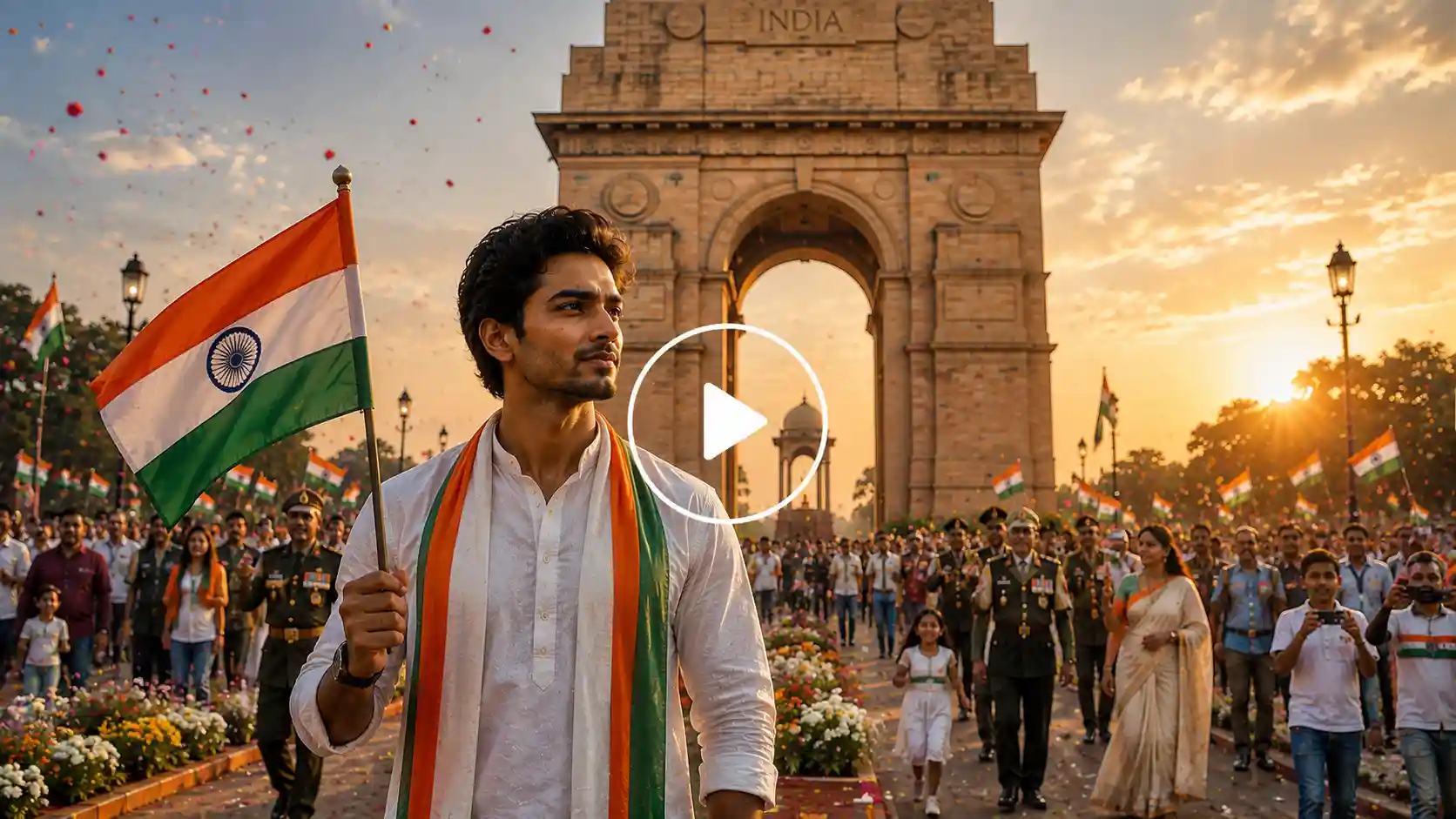 Video Screenshot of a person honoring India at India Gate with the national flag.