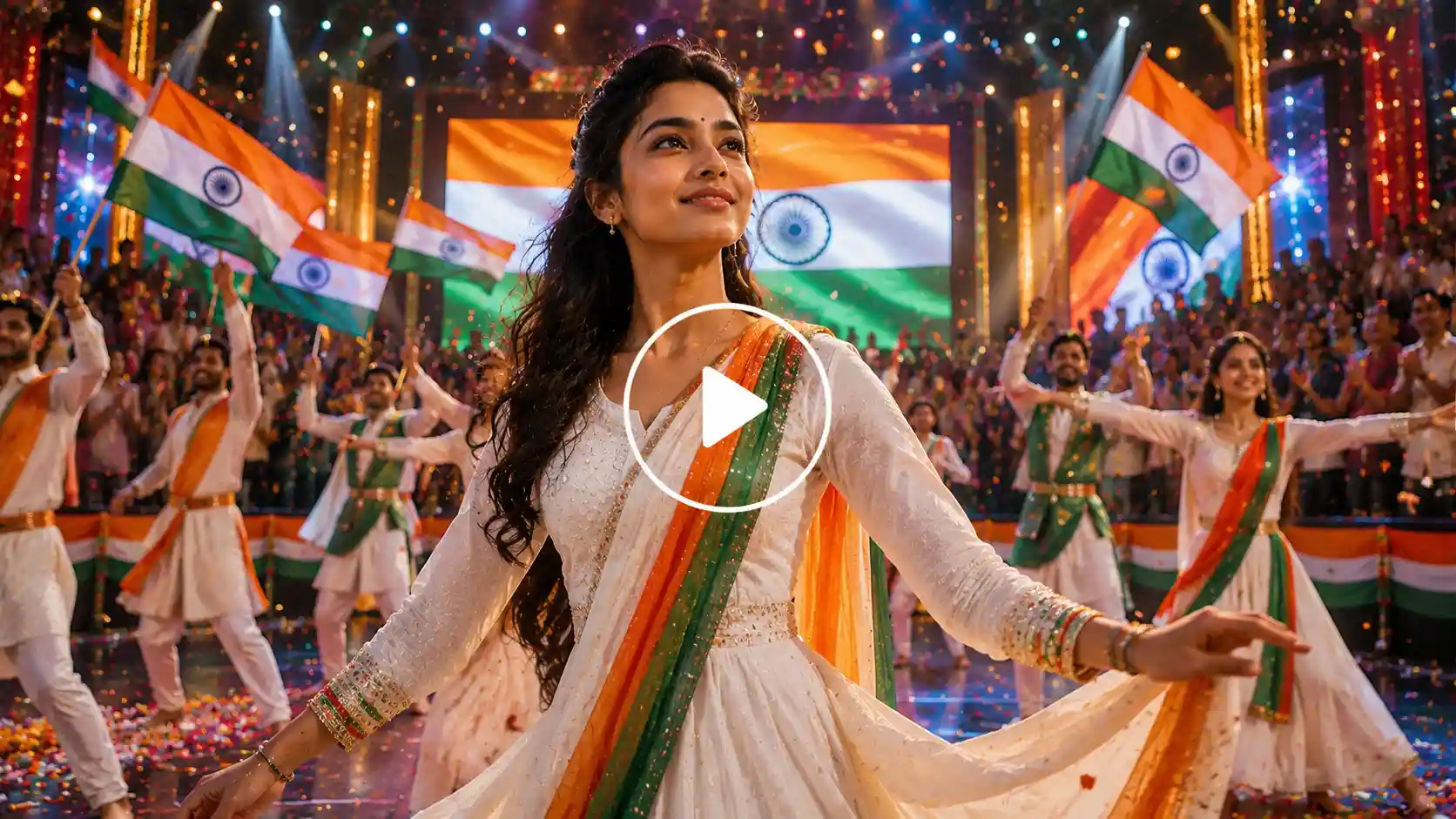 Video Screenshot of a Woman performing on stage during an Independence Day event.