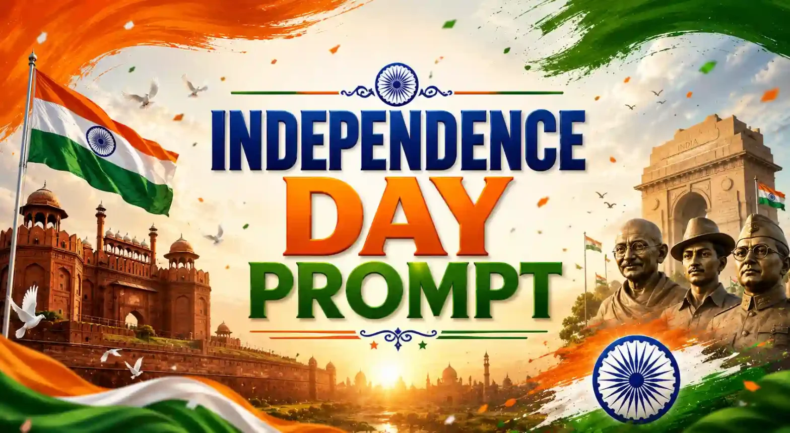 Independence Day banner with a patriotic tricolor design and “Independence Day Prompt” text in the center.