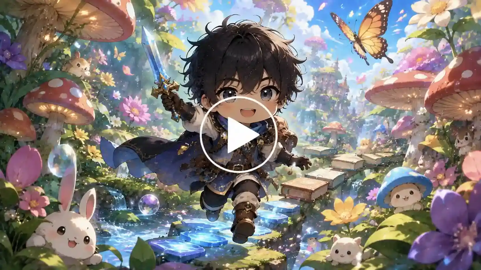 Chibi anime hero exploring a giant fantasy world filled with magic.
