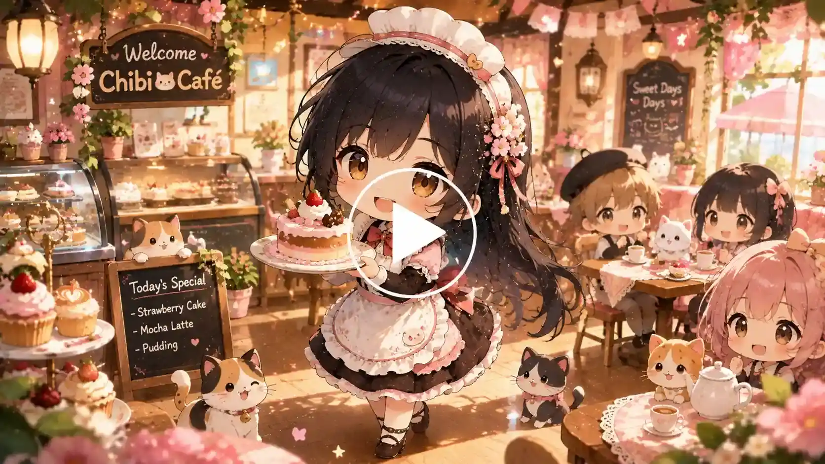 Chibi anime café owner serving desserts in a cute café.