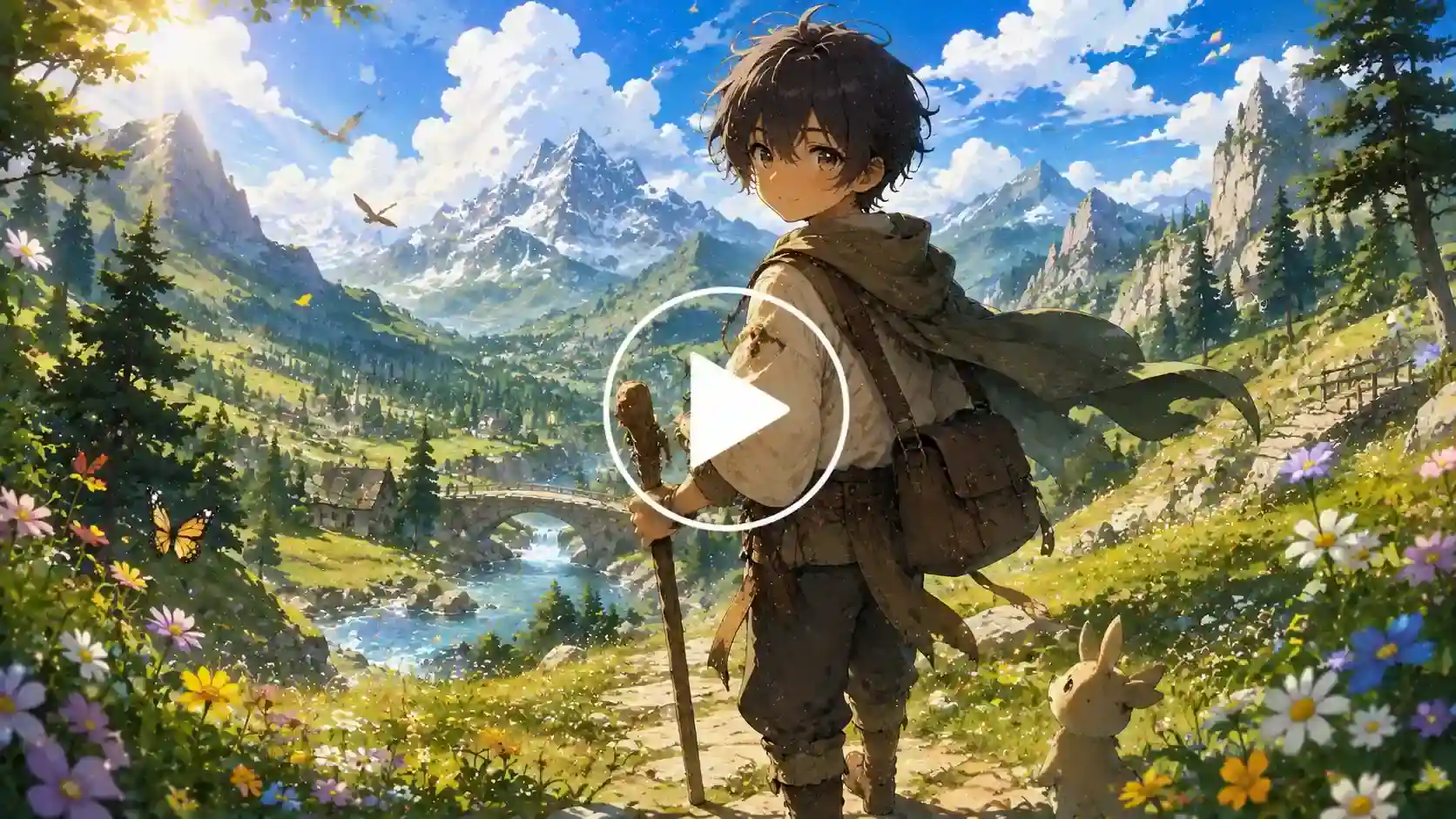Anime traveler walking through scenic mountains and flower fields.