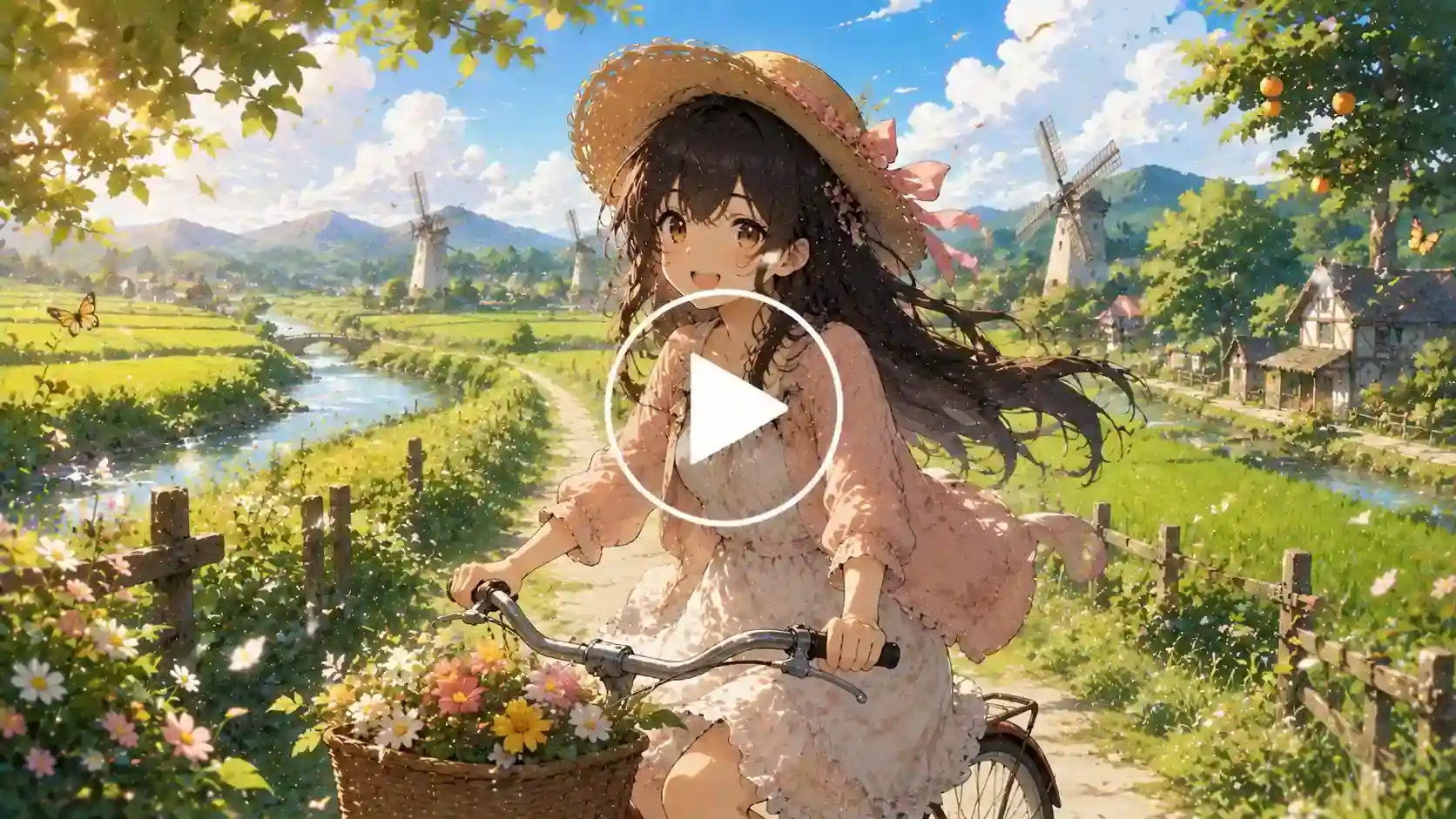 Anime girl riding a bicycle through a peaceful countryside landscape
