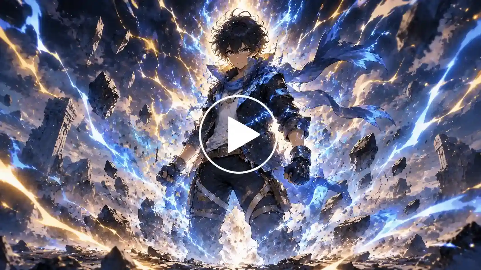 Anime hero unleashing powerful energy during a transformation
