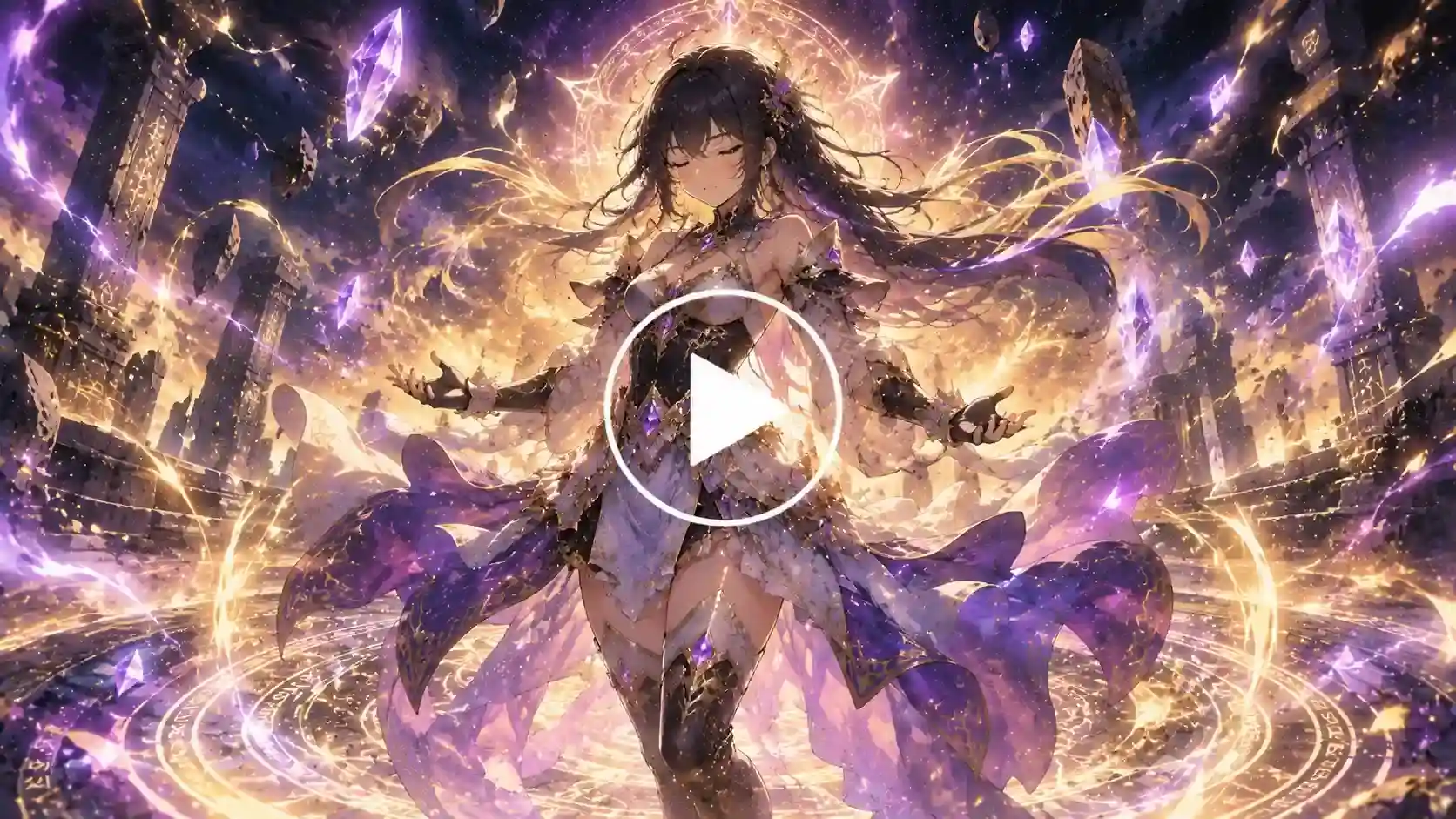 Anime heroine transforming with magical energy inside an ancient arena