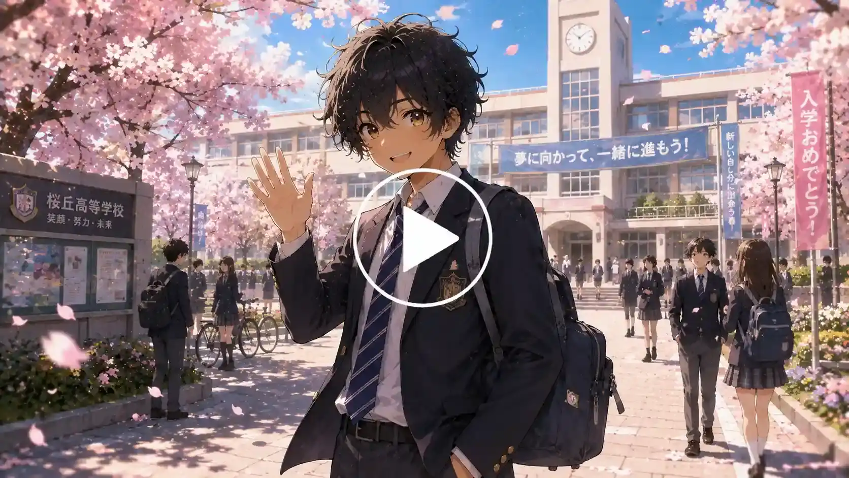 Anime student arriving at school during cherry blossom season