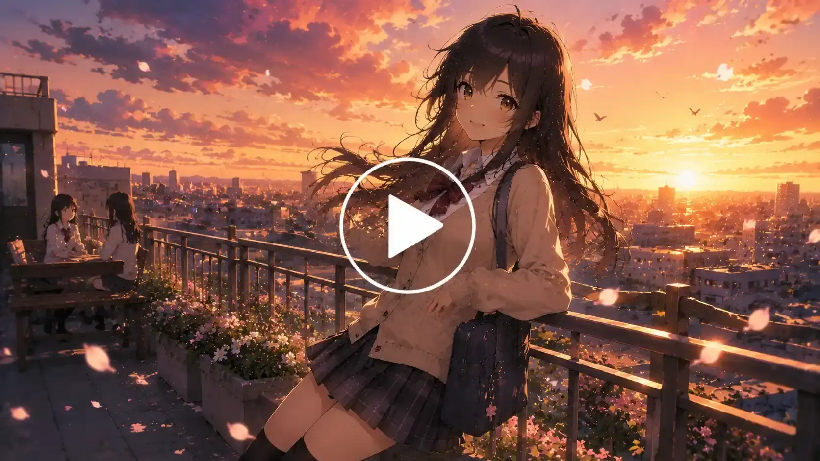 Anime schoolgirl enjoying a rooftop sunset with friends.