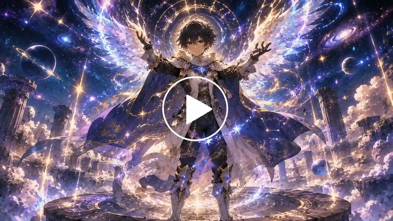 Anime guardian awakening cosmic powers beneath a starry sky.