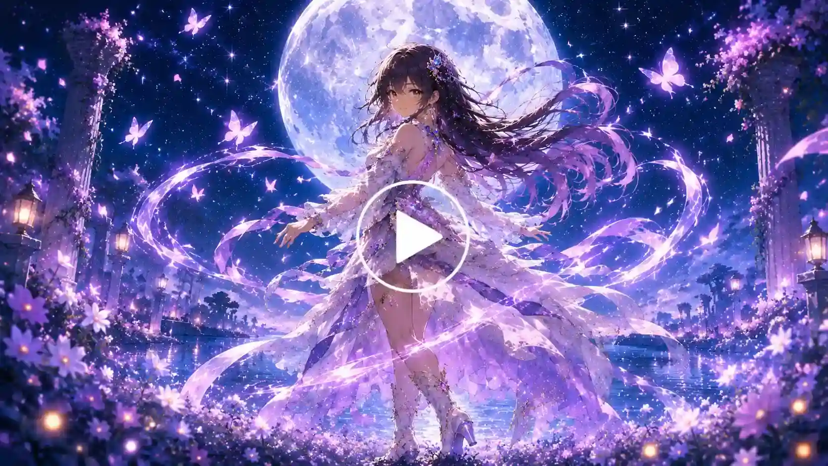 Magical anime girl transforming under a glowing full moon.