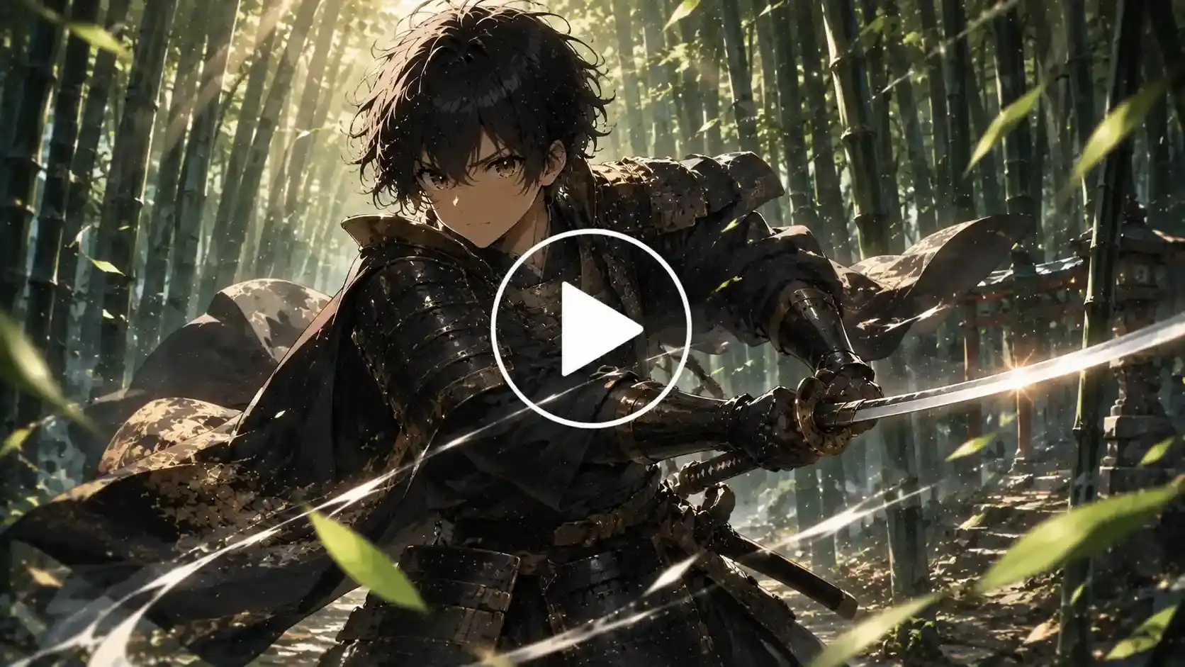 Anime samurai battling in a peaceful bamboo forest.