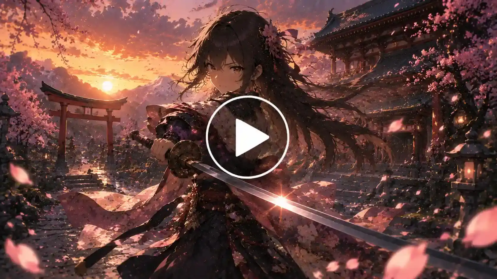 Anime samurai warrior performing sword techniques near an ancient temple.