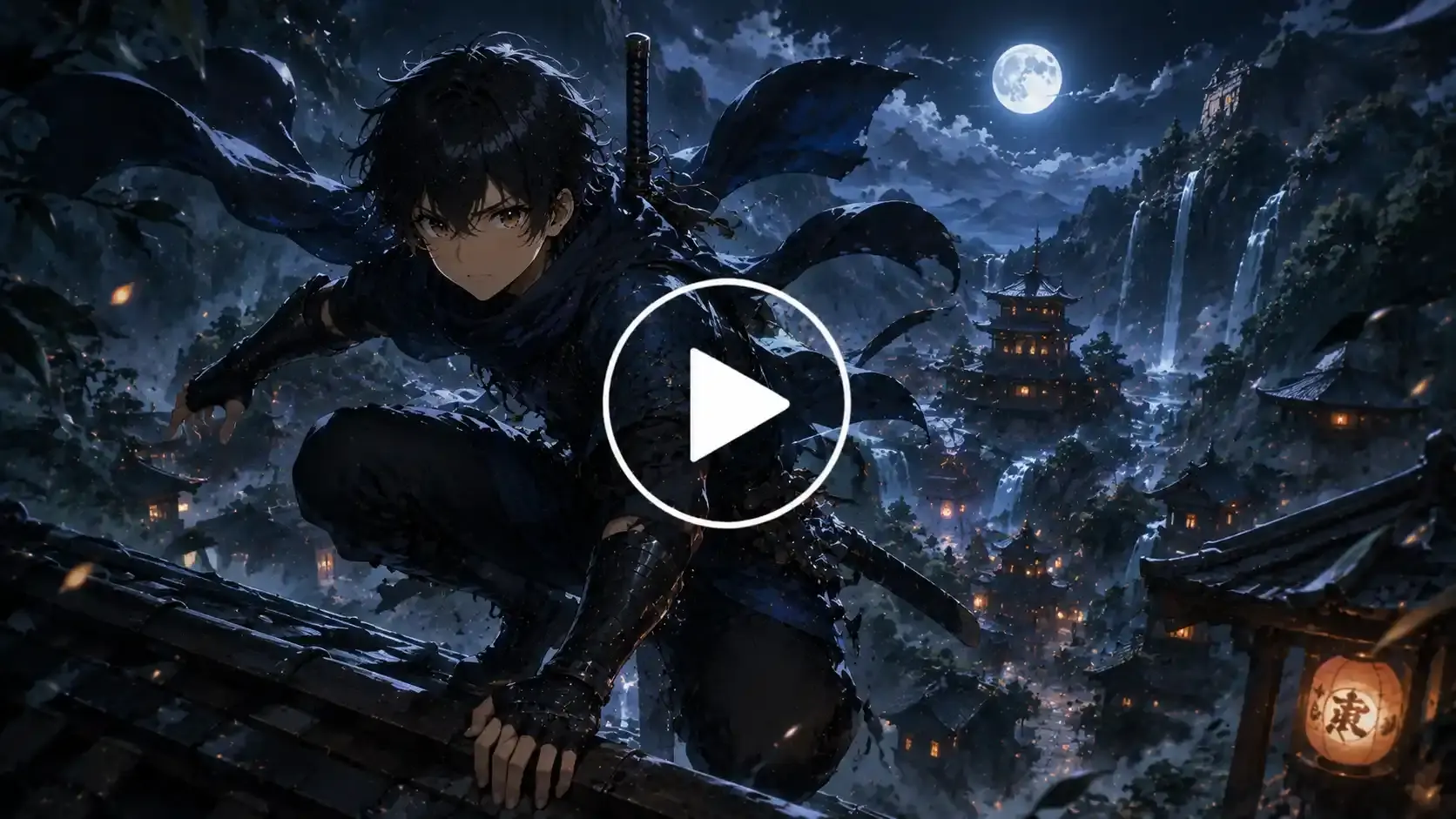 Anime ninja leaping across rooftops during a secret mission.