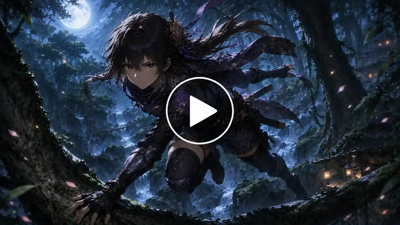 Anime kunoichi chasing an enemy through a moonlit forest.