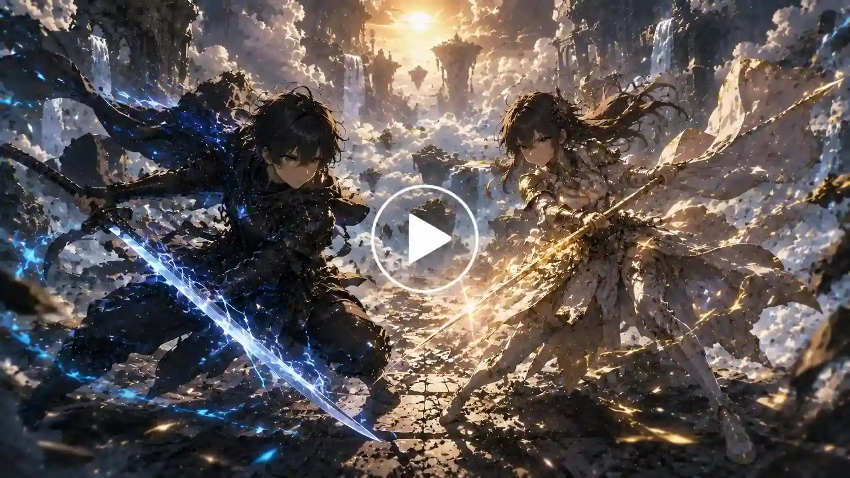 Two anime warriors battling on a floating arena above the clouds.
