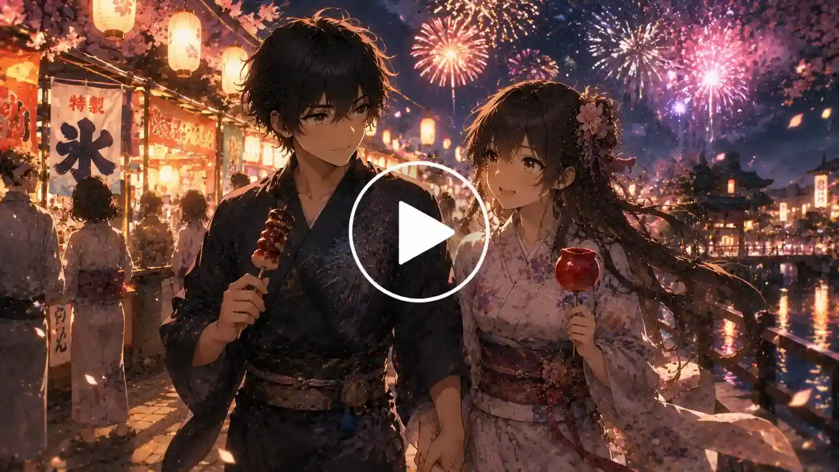 Anime couple enjoying a romantic Japanese festival under fireworks.