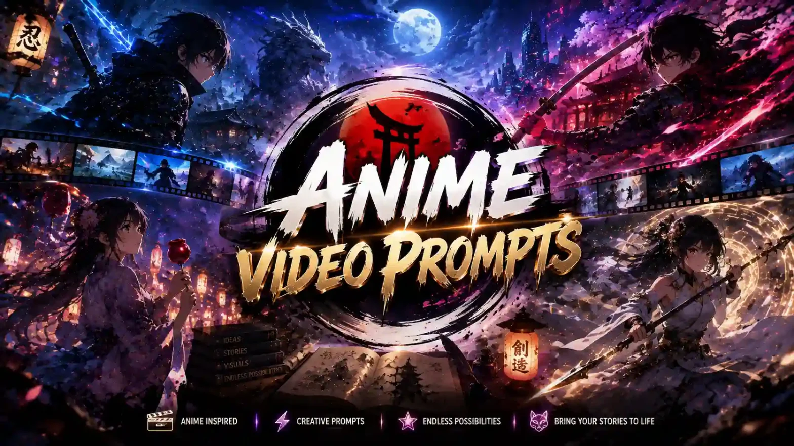 Anime video prompts blog banner featuring cinematic anime characters, fantasy worlds, and vibrant action scenes in a colorful landscape collage.