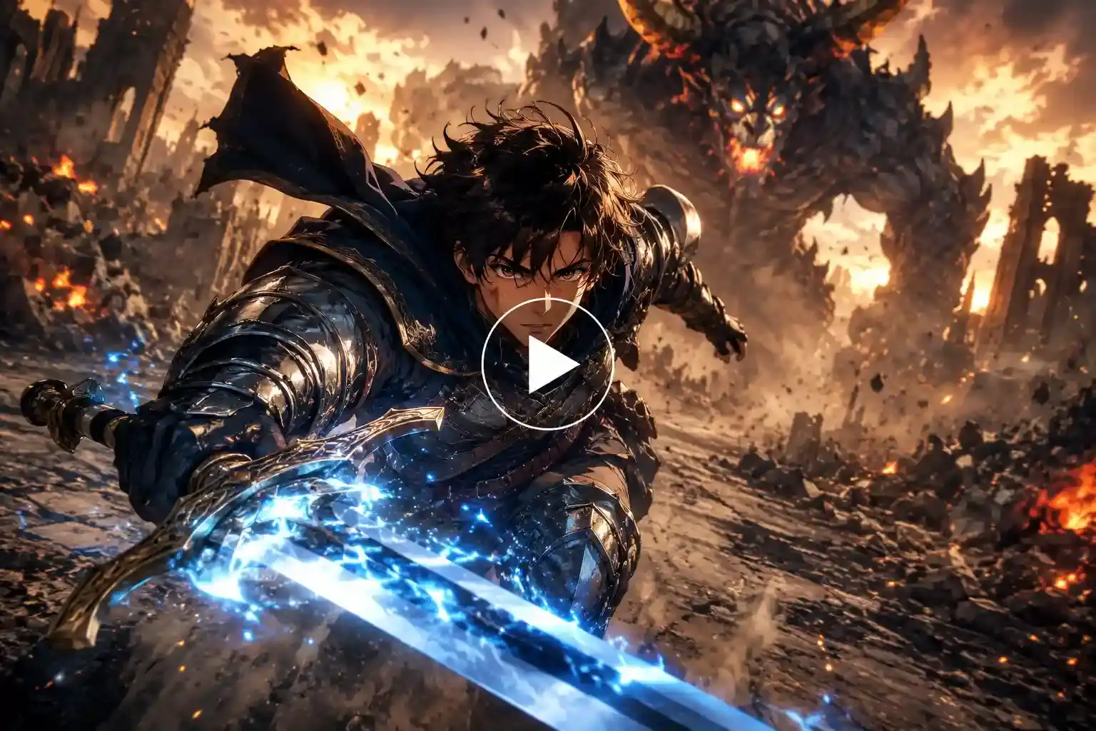 Anime warrior charging toward a giant monster on a ruined battlefield.