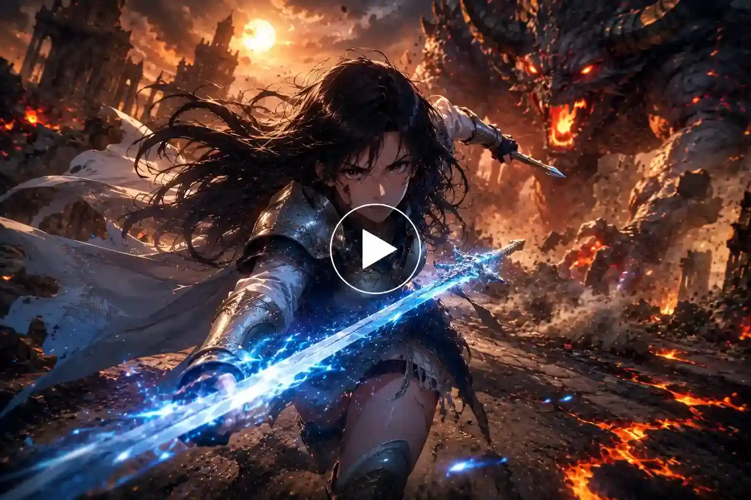 Anime heroine with a glowing sword fighting a mythical beast.