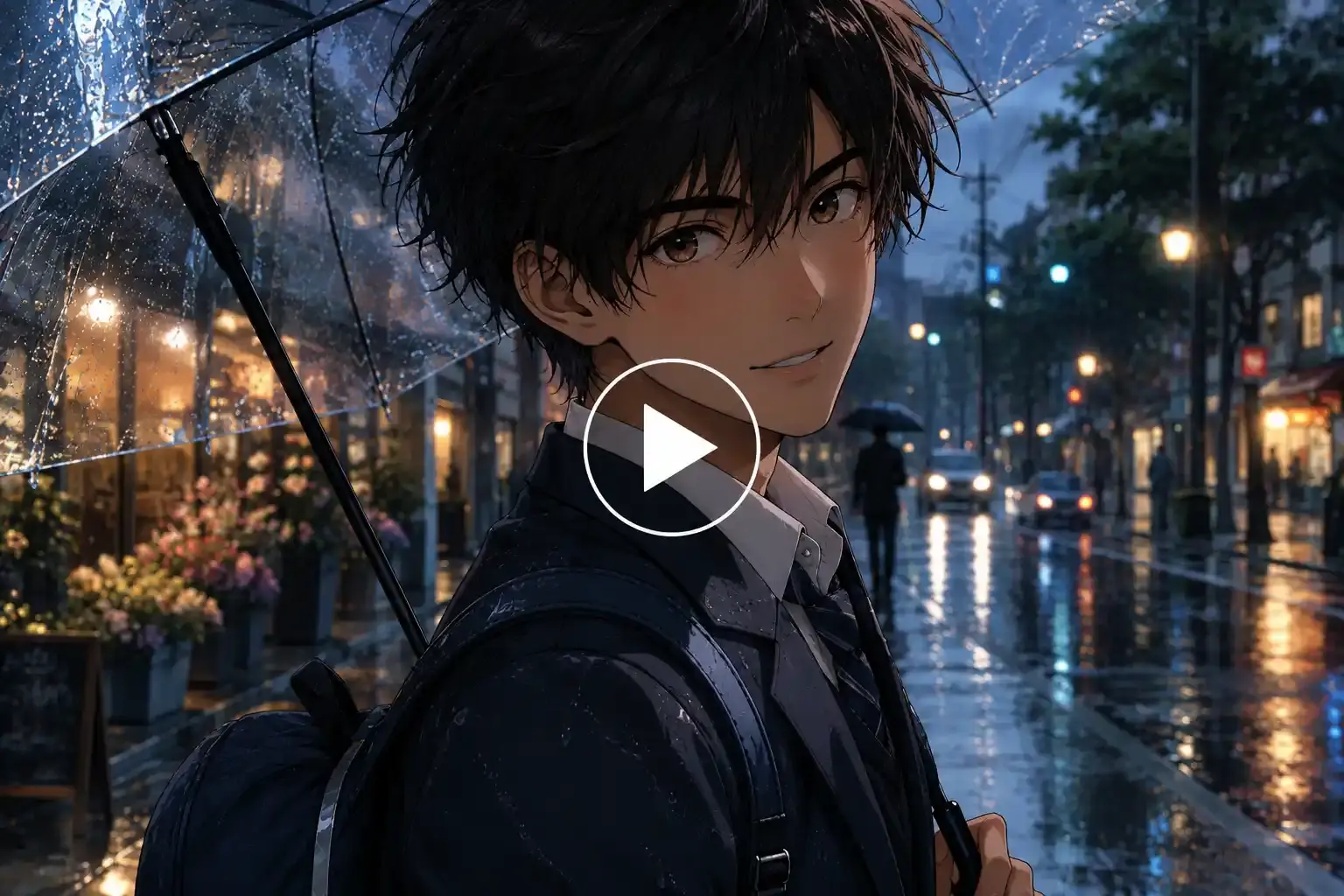 Anime schoolboy walking with an umbrella on a rainy city street