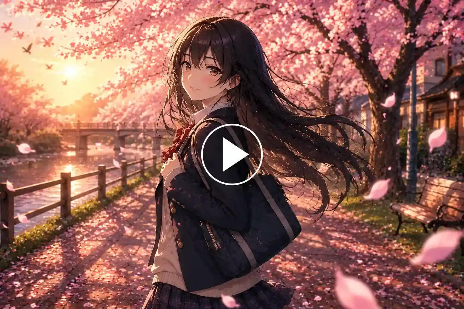 Anime schoolgirl walking beneath falling cherry blossom petals