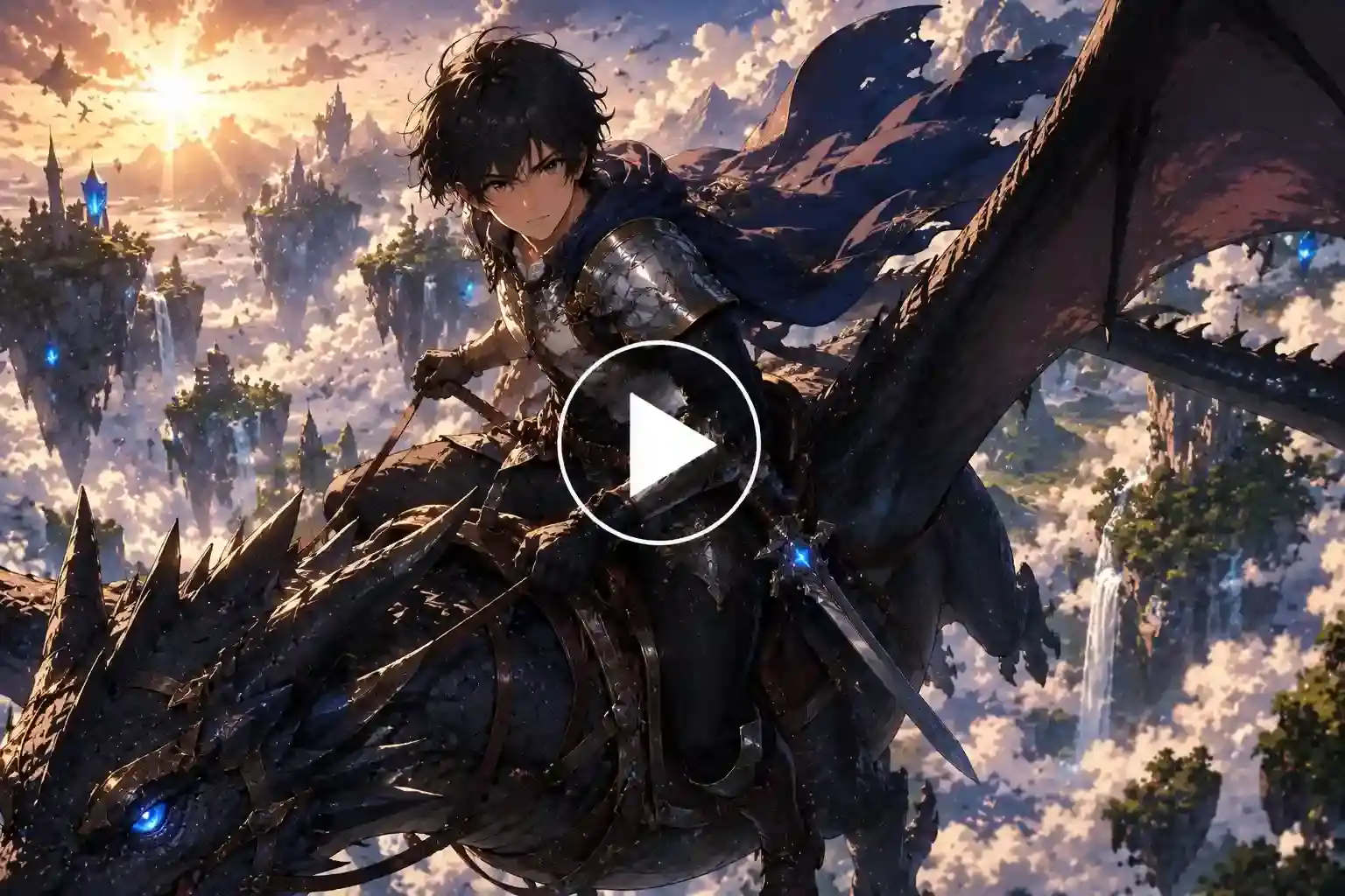 Anime dragon rider flying above clouds and floating islands