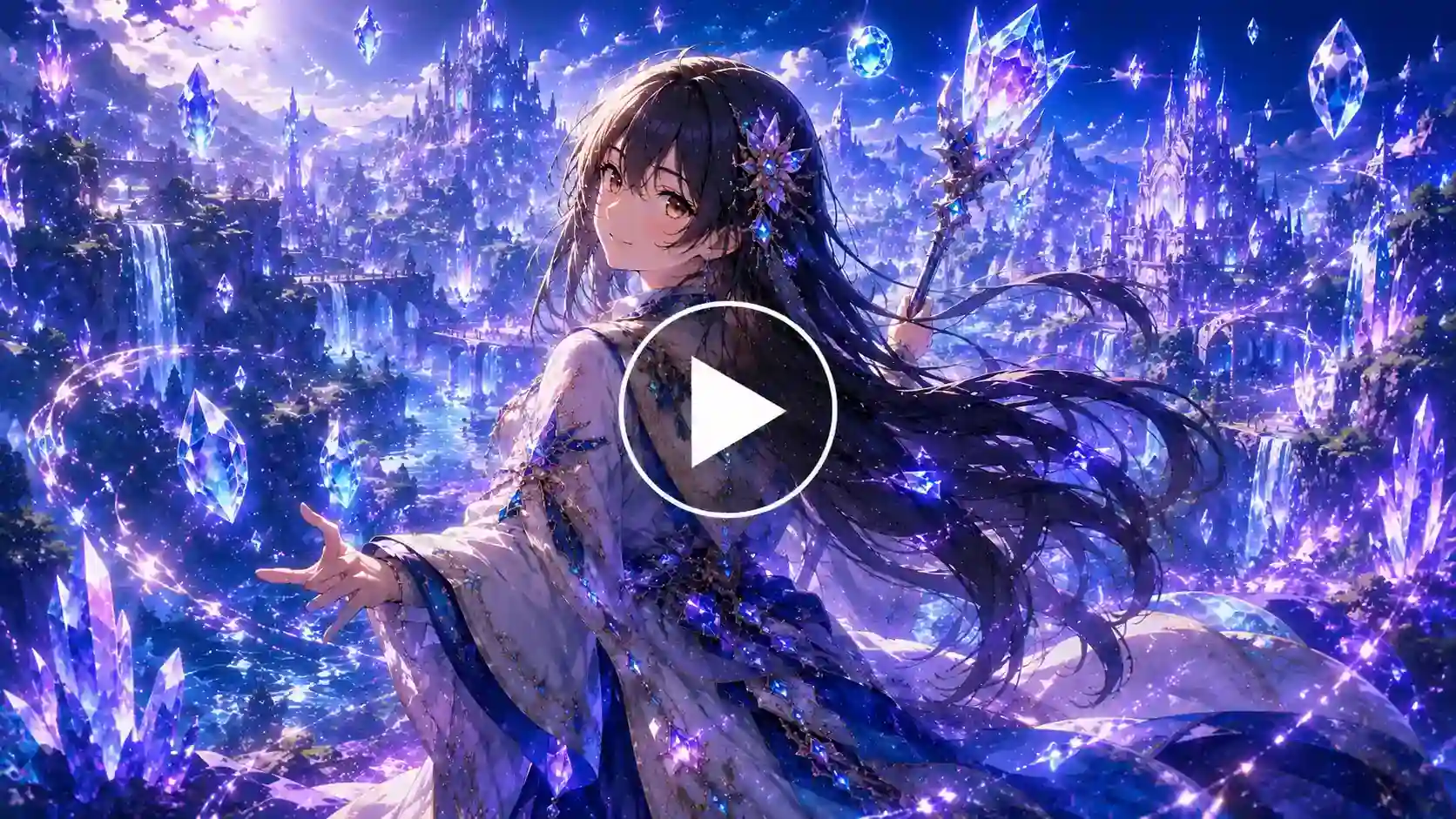 Anime mage exploring a glowing crystal kingdom with magical powers