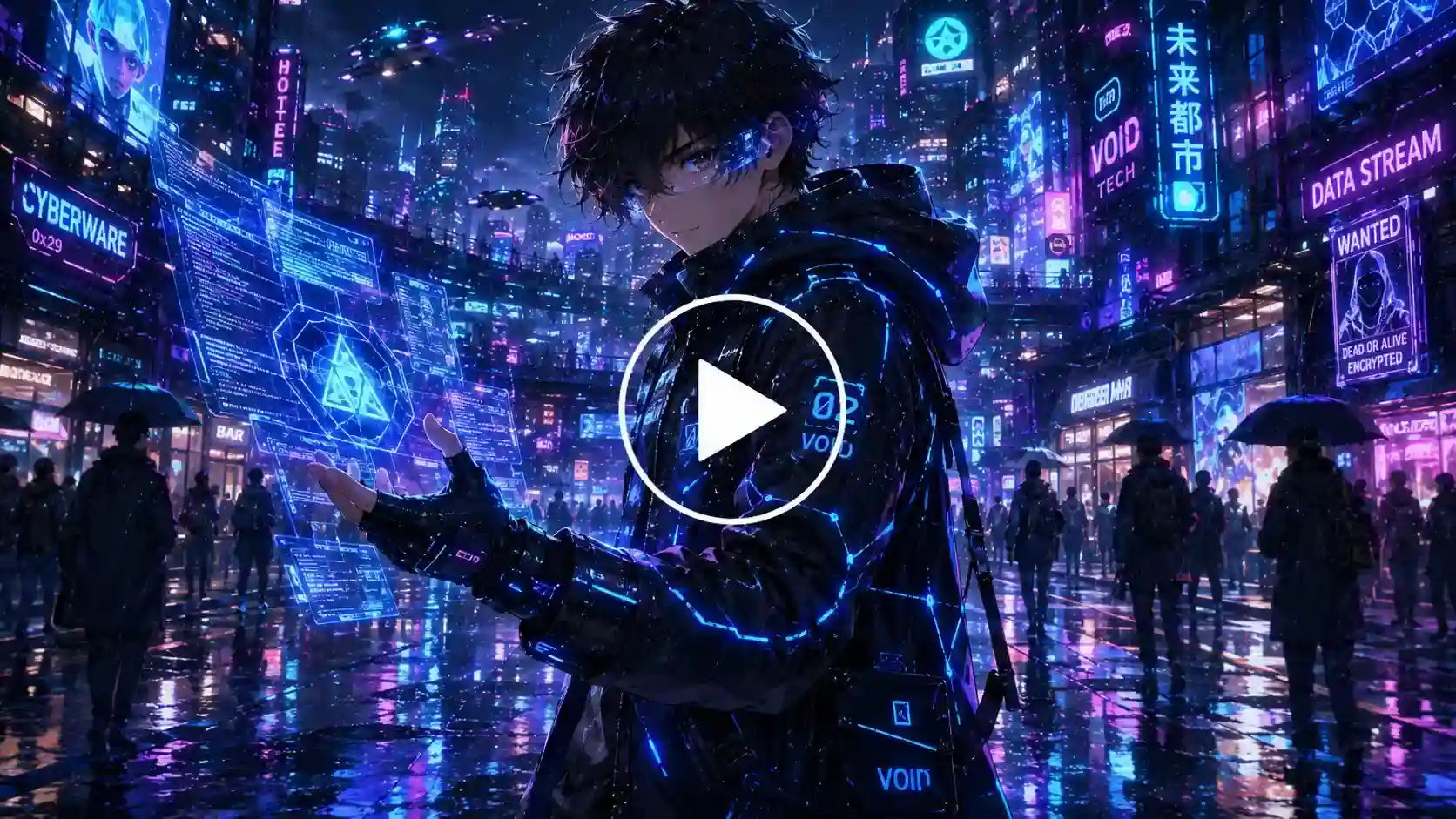 Anime hacker walking through a futuristic cyberpunk city at night.