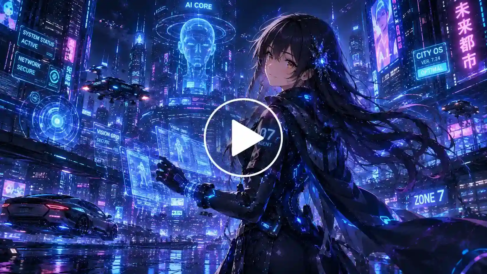 Anime cyber agent in a futuristic AI-powered mega city.