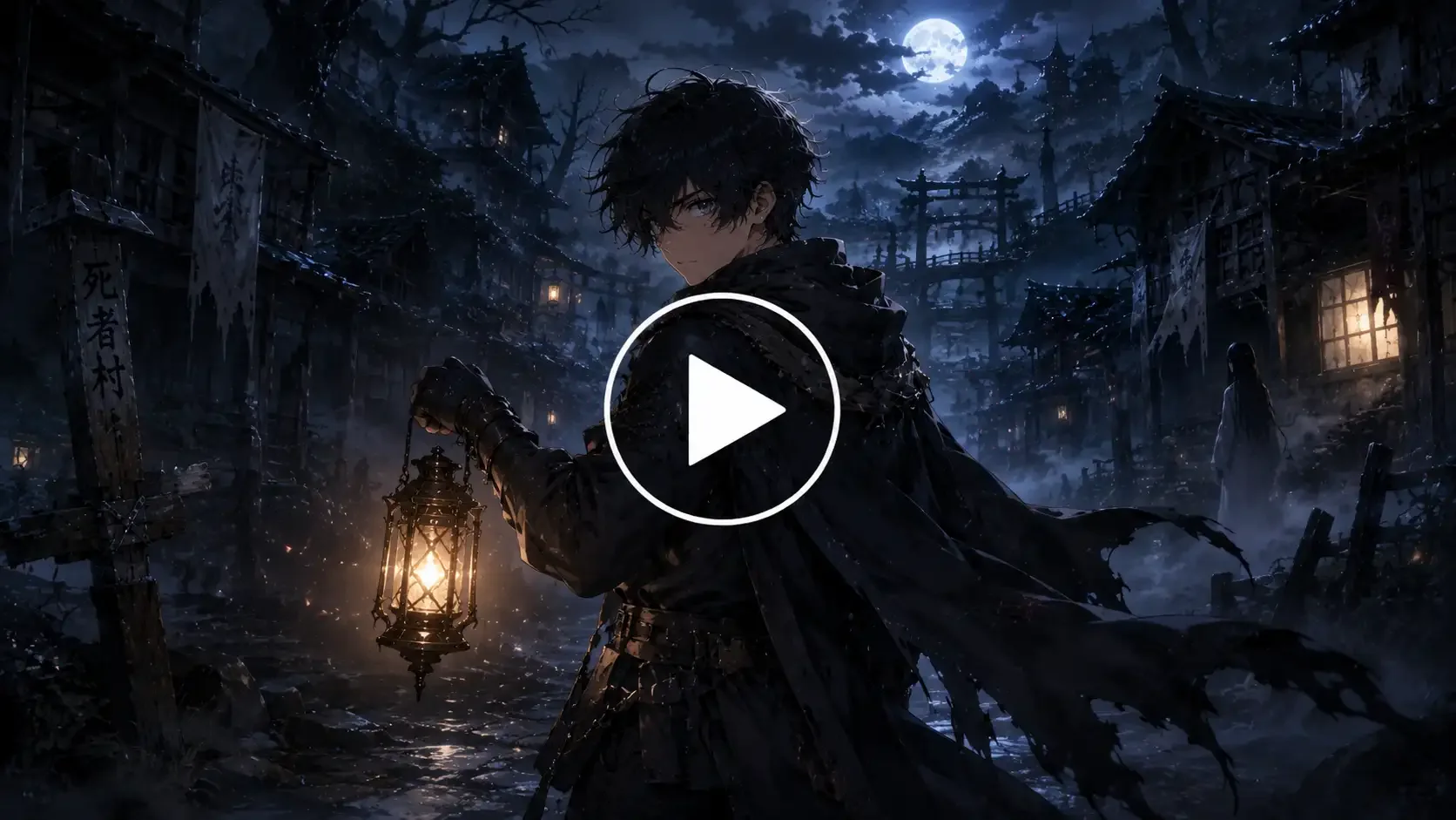 Anime traveler exploring a mysterious haunted village at midnight.