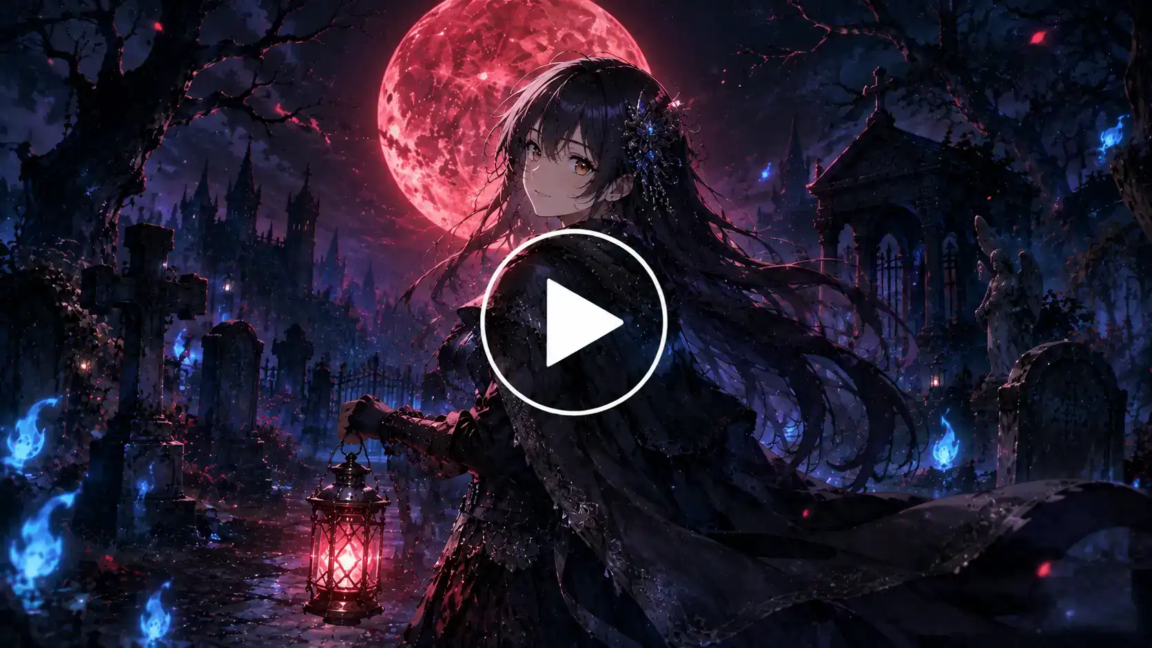 Anime heroine walking through a moonlit cemetery with glowing spirits.