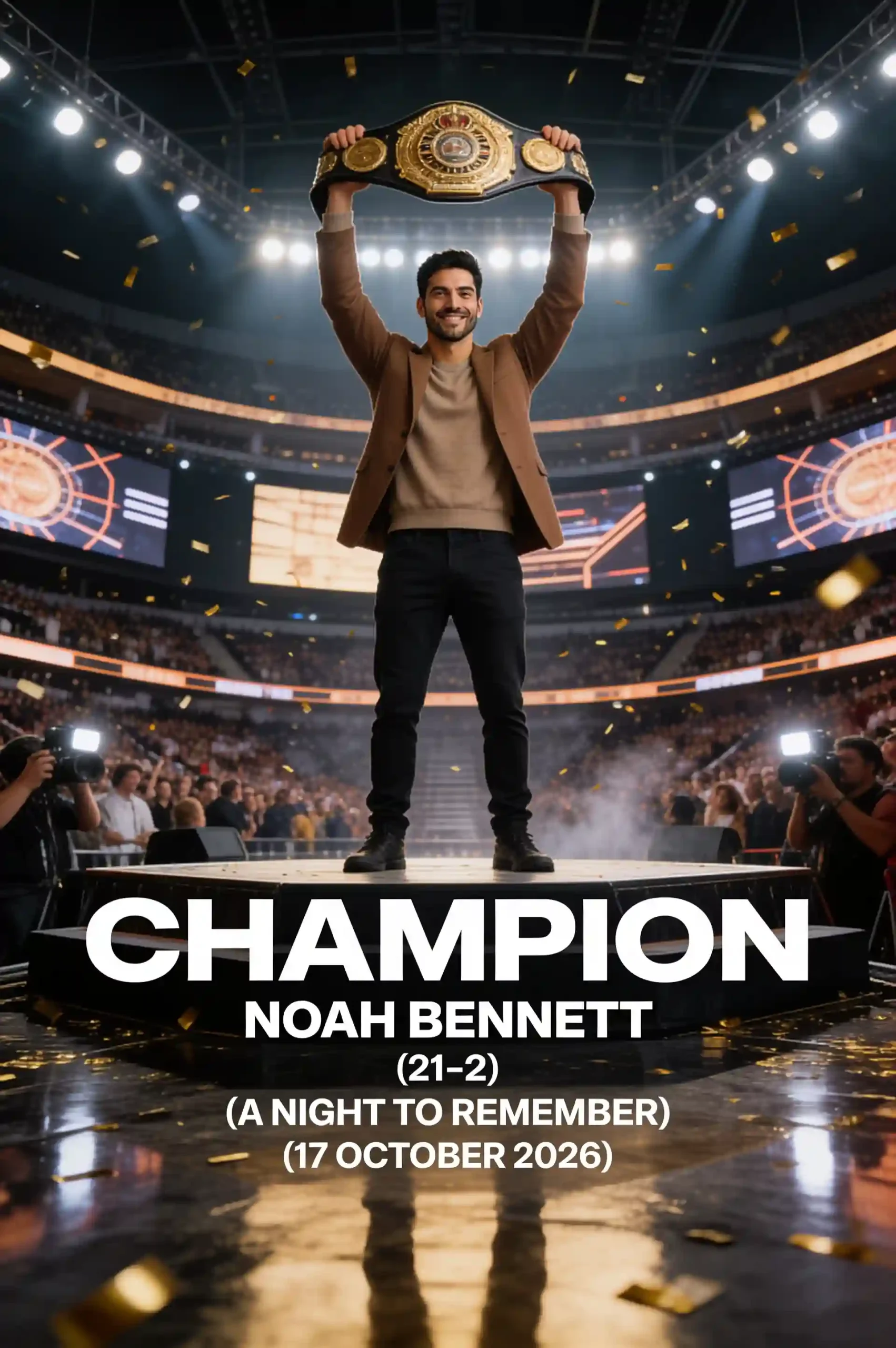 A champion celebrates on an arena platform while raising a gold championship belt.