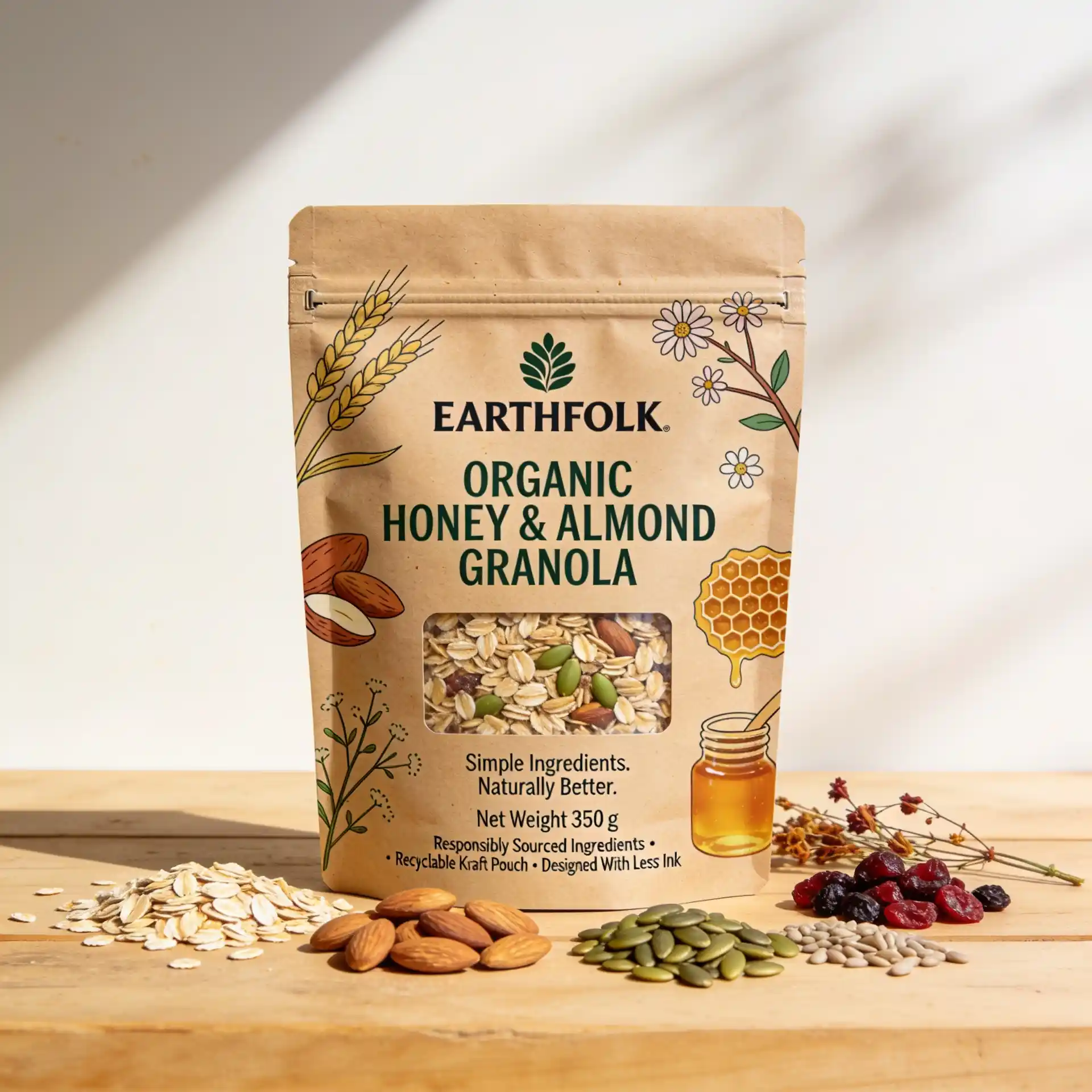 Sustainable granola packaging in a recyclable kraft paper stand-up pouch