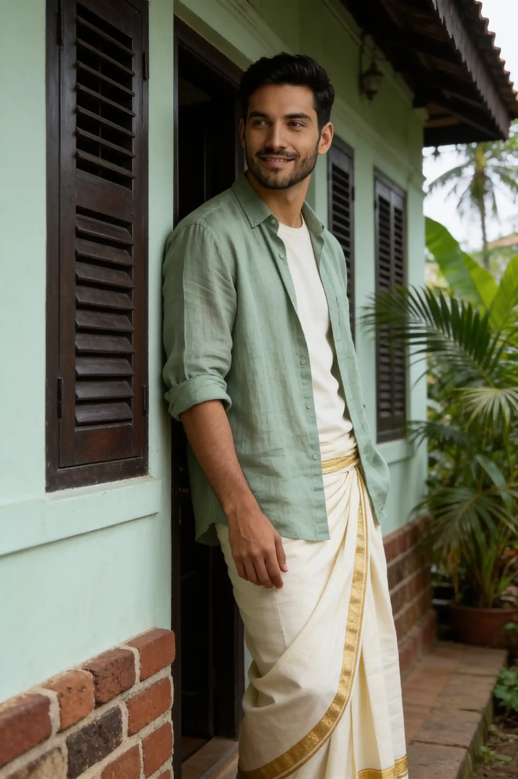 Man wearing a Kasavu mundu and pastel linen shirt outside a Kerala heritage home.